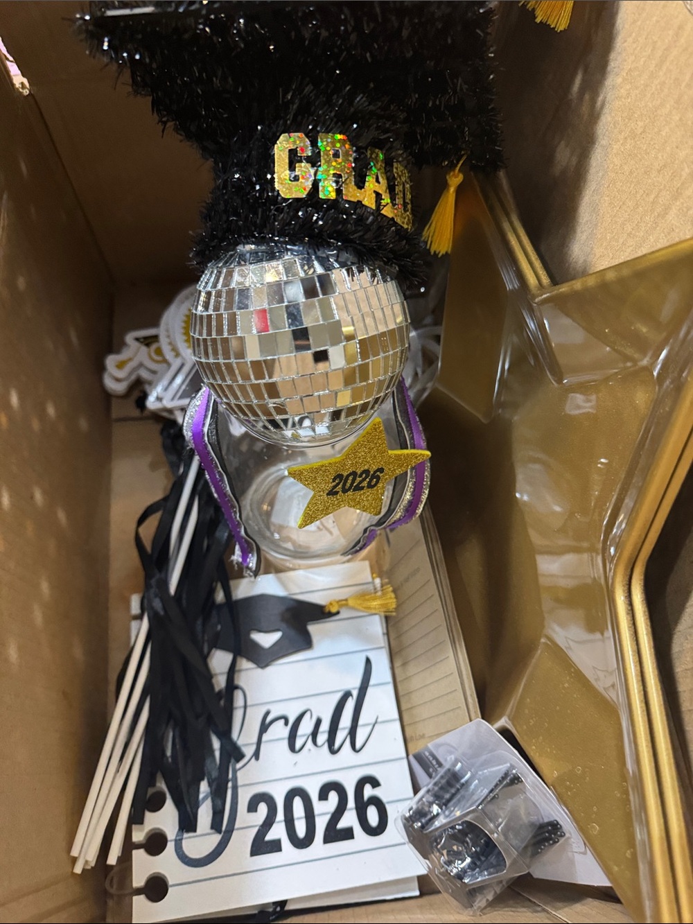 2026 Graduation Disco Ball Party Centerpiece - Black, Gold & Silver